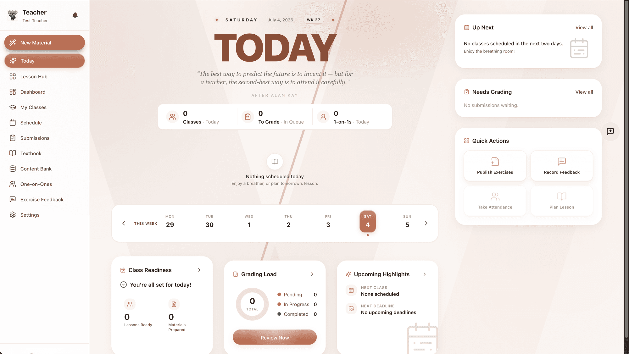 The teacher's Today view, showing the week's classes, the grading queue, and class readiness.