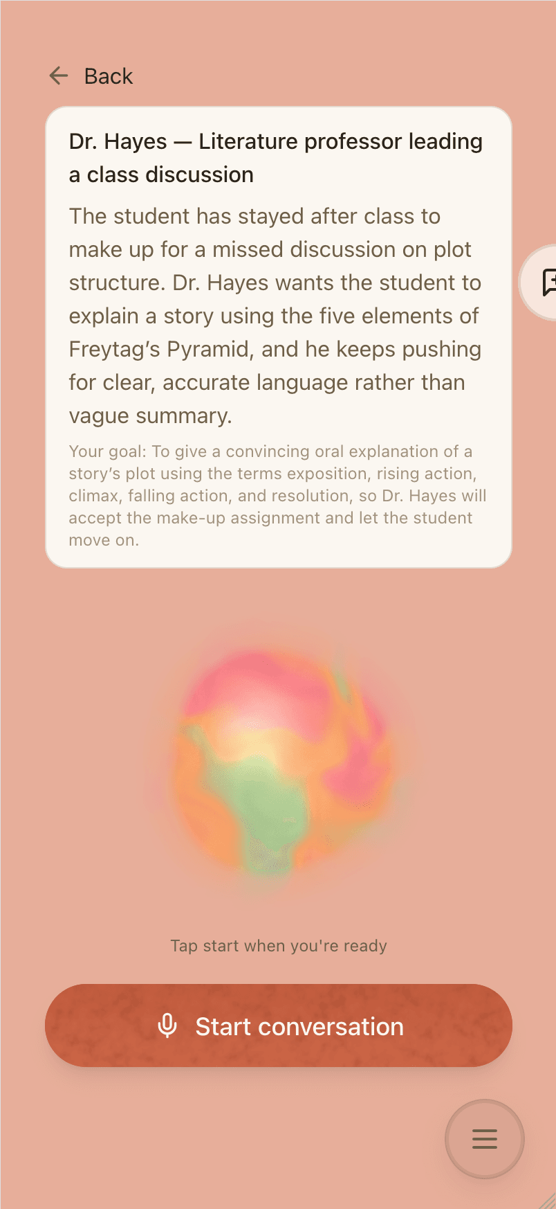 A speaking scenario in the student app, ready to start a recorded conversation.